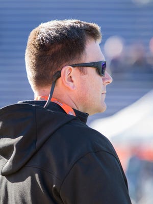 Green Bay Packers general manager Brian Gutekunst watches practice for the Senior Bowl in Mobile, Ala., on Jan., 2018.
