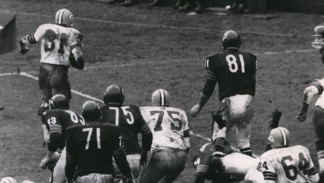 Green Bay Packers tackle Forrest Gregg (75) watches fullback Jim Taylor (31) as he goes around left end and heads for the goal line to score his fourth touchdown of the day against the Chicago Bears on Nov. 4, 1962.