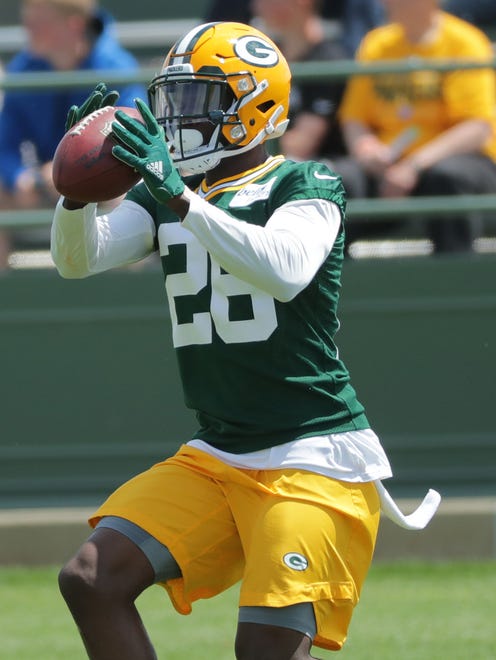 Green Bay Packers cornerback Herb Waters (26) is shown during organized team activities Monday, June 4, 2018 in Green Bay, Wis.