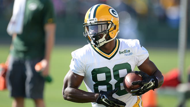 Green Bay packers receiver Ty Montgomery (88) carries the ball during training camp practice on July 30, 2015, at Ray Nitschke Field.