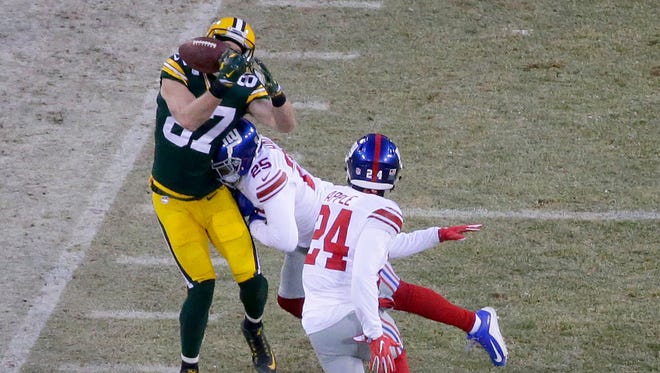 Jordy Nelson sustained multiple broken ribs after taking a hard hit to his left side from Giants safety Leon Hall during a wild-card playoff game in 2017.