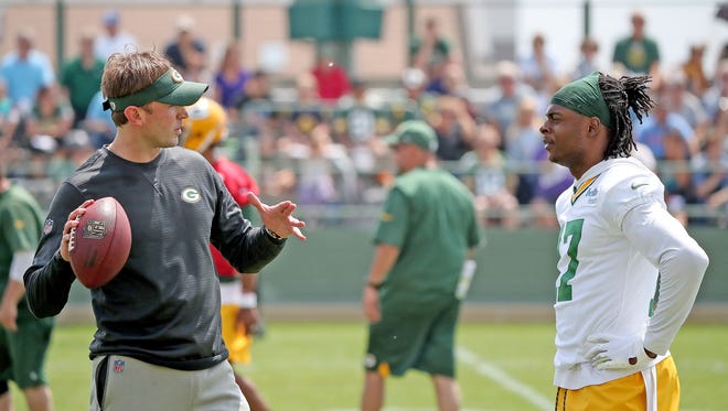 Green Bay Packers wide receiver Davante Adams (17) works one on one with receiver coach David Raih during Green Bay Packers minicamp at Ray Nitschke Field Tuesday, June 12, 2018 in Ashwaubenon, Wis.