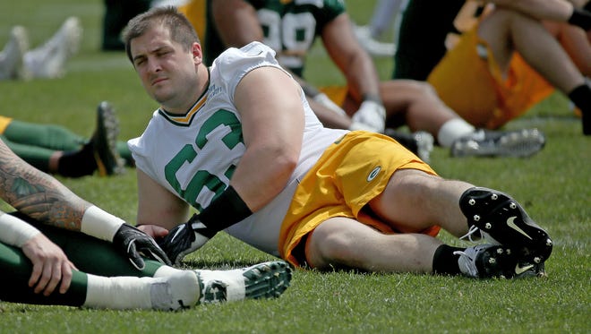 Green Bay Packers center Corey Linsley (63) during Green Bay Packers Organized Team Activities at Ray Nitschke Field Tuesday, May 22, 2018 in Ashwaubenon, Wis