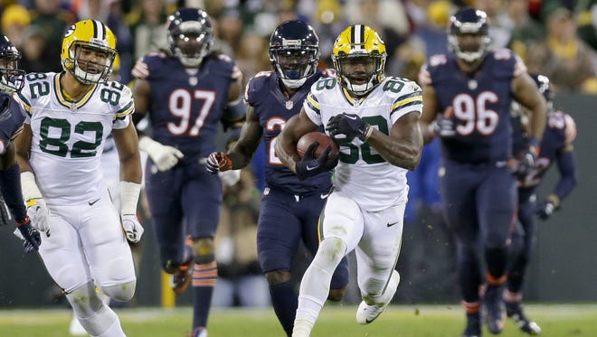 Green Bay Packers wide receiver Ty Montgomery (88) runs for a big gain during the third quarter against the Chicago Bears on Oct. 20, 2016, at Lambeau Field in Green Bay.