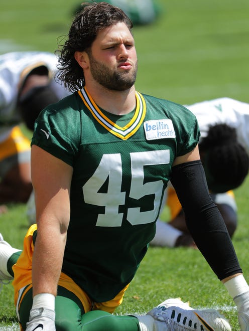 Green Bay Packers linebacker Vince Biegel (45) is shown during organized team activities Monday, June 4, 2018 in Green Bay, Wis.