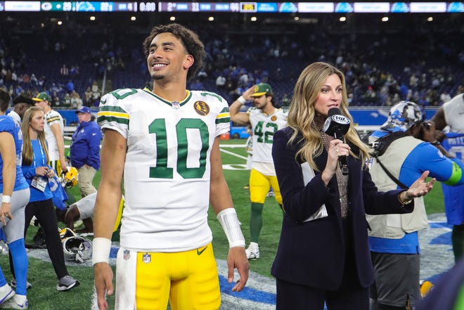 Green Bay Packers quarterback Jordan Love smiles during a postgame interview with Fox Sports' Erin Andrews after the 29-22 win over the Detroit Lions at Ford Field in Detroit on Thursday.