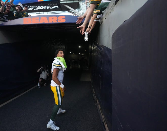 Green Bay Packers quarterback Jordan Love (10) runs off the field after their regular season opening game Sunday, September 10, 2023 at Soldier Field in Chicago, Ill. The Green Bay Packers beat the Chicago Bears 38-20.
