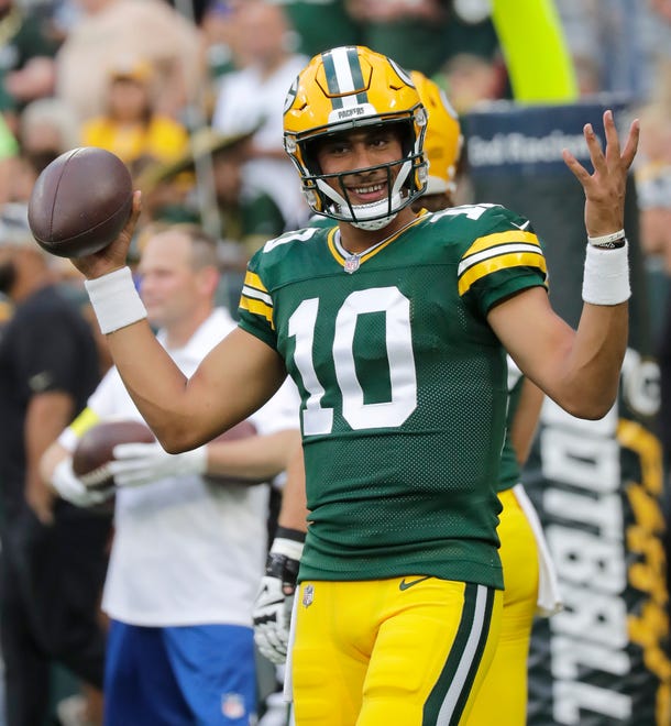 Green Bay Packers quarterback Jordan Love (10) warms up before playing against the New Orleans Saints football team Friday, August 19, 2022, at Lambeau Field in Green Bay, Wis.