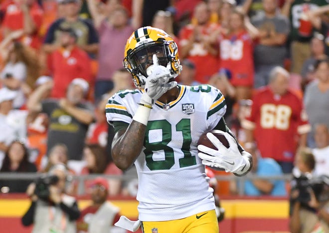 Aug 30, 2018; Kansas City, MO, USA; Green Bay Packers wide receiver Geronimo Allison (81) celebrates after scoring during the first half against the Kansas City Chiefs at Arrowhead Stadium.