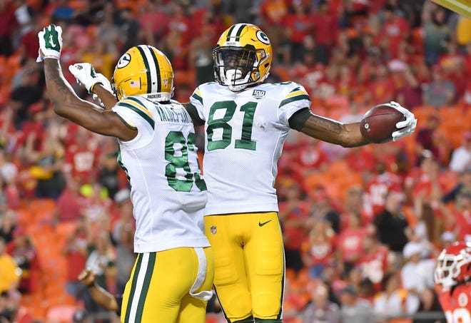 Aug 30, 2018; Kansas City, MO, USA; Green Bay Packers wide receiver Geronimo Allison (81) celebrates with wide receiver Marquez Valdes-Scantling (83) after scoring during the first half against the Kansas City Chiefs at Arrowhead Stadium.