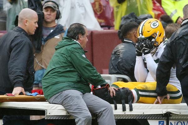 Sep 23, 2018; Landover, MD, USA; Green Bay Packers defensive end Muhammad Wilkerson (96) is carted off the field after injuring his left leg against the Washington Redskins I the second quarter at FedEx Field. The Redskins won 31-17. Mandatory Credit: Geoff Burke-USA TODAY Sports