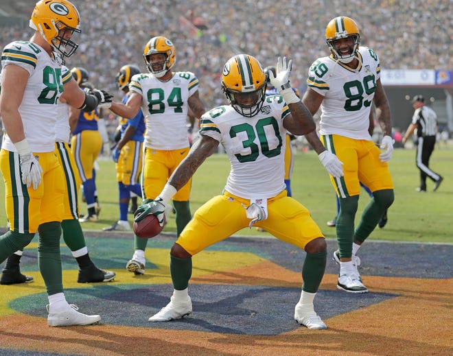 Green Bay Packers running back Jamaal Williams (30) celebrates his touchdown run against the LA Rams Sunday, October 28, 2018 at the Memorial Coliseum in Los Angeles, Cal. Jim Matthews/USA TODAY NETWORK-Wis