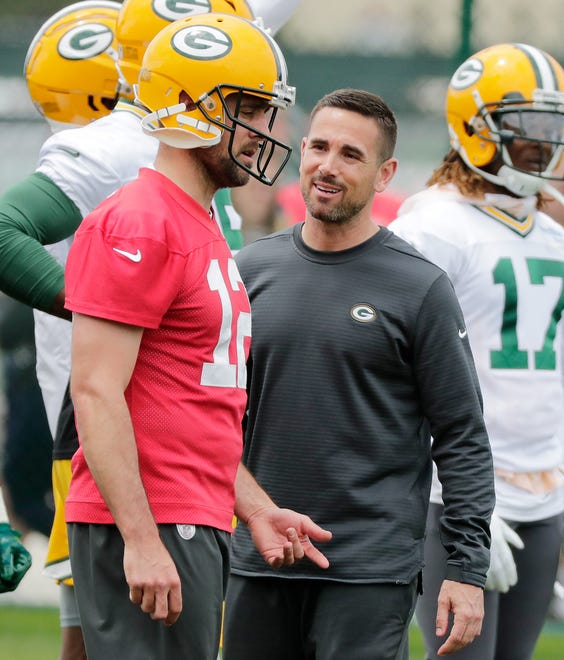 Green Bay Packers head coach Matt LaFleur and quarterback Aaron Rodgers (12) during practice at Clarke Hinkle Field on Wednesday, May 29, 2019 in Ashwaubenon, Wis.