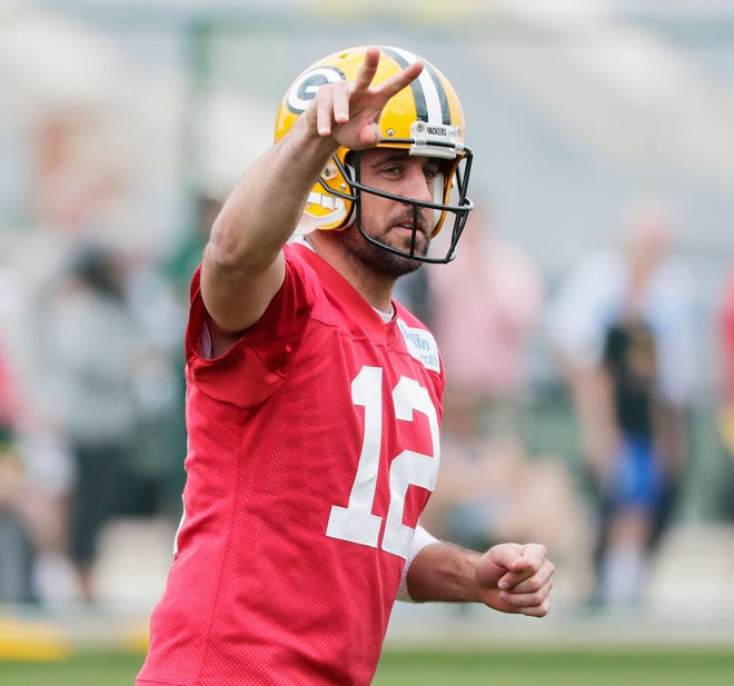 Green Bay Packers quarterback Aaron Rodgers (12) during practice at Clarke Hinkle Field on Wednesday, May 29, 2019 in Ashwaubenon, Wis.