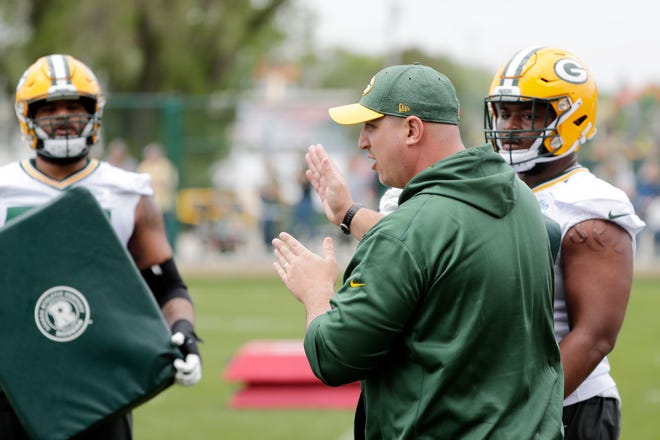 Green Bay Packers offensive line coach Adam Stenavich during practice at Clarke Hinkle Field on Wednesday, May 29, 2019 in Ashwaubenon, Wis.
