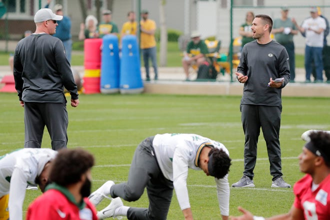 Green Bay Packers head coach Matt LaFleur and offensive coordinator Nathaniel Hackett during practice at Clarke Hinkle Field on Wednesday, May 29, 2019 in Ashwaubenon, Wis.