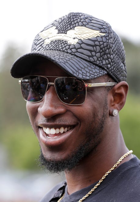 Packers wide receiver Geronimo Allison talks to media outside Victor McCormick Hall at St. Norbert College as the team moves into the dorms for the start of training camp Tuesday, July 23, 2019, in De Pere, Wis.