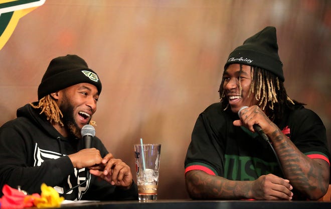 Green Bay Packers running back Aaron Jones (left) co-hosted Clubhouse Live on Monday in Appleton. Jones' guest was fellow Packers running back Jamaal Williams.