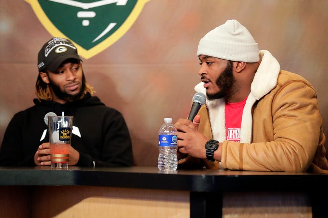 Green Bay Packers running back Aaron Jones (left) co-hosted Monday's Clubhouse Live in Appleton. Jones' guest was Packers rookie left guard Elgton Jenkins.