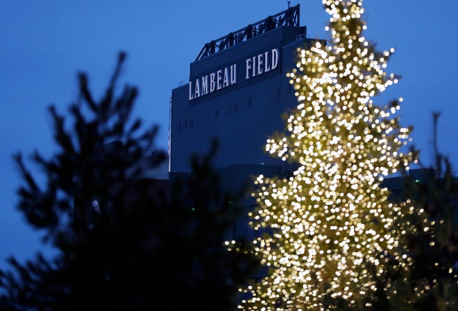 A lit-up tree at the Green Bay Packers' Titletown District across from Lambeau Field on Jan. 2, 2020, in Ashwaubenon, Wis.