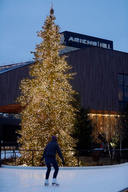 A balsam fir dripping in lights has become a popular spot for engagement in the Titletown District.