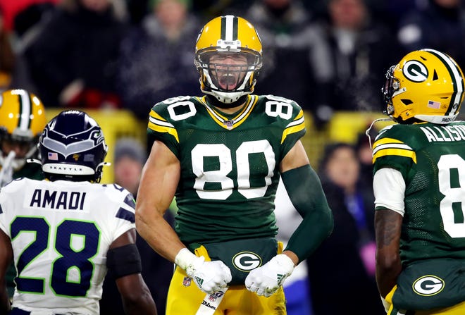 Jimmy Graham #80 of the Green Bay Packers celebrates after a reception during the first quarter against the Seattle Seahawks in the NFC Divisional Playoff game at Lambeau Field on Sunday, January 12, 2020 in Green Bay, Wis.