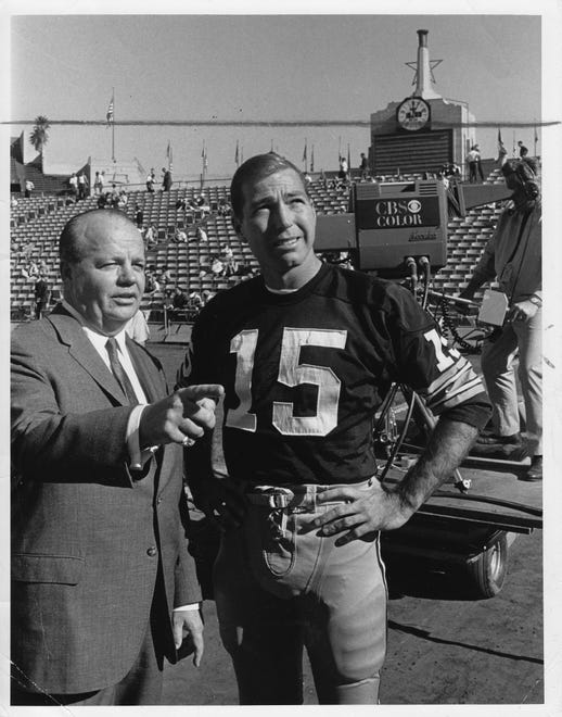 Sports commentator Ray Scott (left), play-by-play announcer for the CBS Television Network broadcast of the NFL-AFL World Championship game, talks to Green Bay Packers quarterback Bart Starr on the sidelines at the Los Angeles Coliseum where the game will be played.