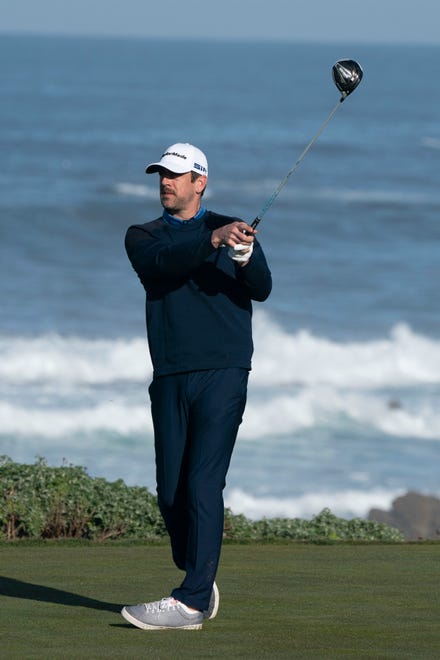Aaron Rodgers hits his tee shot on the 13th hole during the second round of the AT&T Pebble Beach Pro-Am golf tournament at Monterey Peninsula Country Club - Shore Course on Feb. 7, 2020, in Pebble Beach, California.