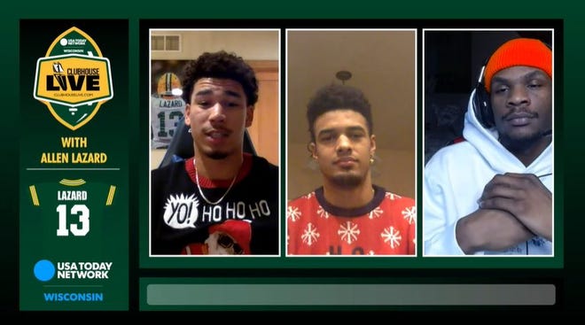 Green Bay Packers wide receiver Allen Lazard (left) co-hosted Monday's Clubhouse Live. Lazard's guests were fellow wideouts Equanimous St. Brown (center) and Marquez Valdes-Scantling (right).