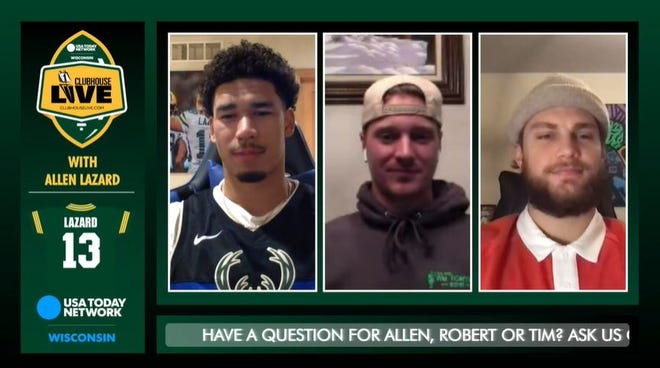 Green Bay Packers wide receiver Allen Lazard (left) co-hosted Monday's Clubhouse Live. Lazard's guests were quarterback Tim Boyle (center) and tight end Robert Tonyan (right).
