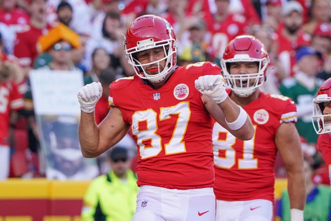 Nov 7, 2021; Kansas City, Missouri, USA; Kansas City Chiefs tight end Travis Kelce (87) celebrates after scoring against the Green Bay Packers during the first half at GEHA Field at Arrowhead Stadium. Mandatory Credit: Denny Medley-USA TODAY Sports