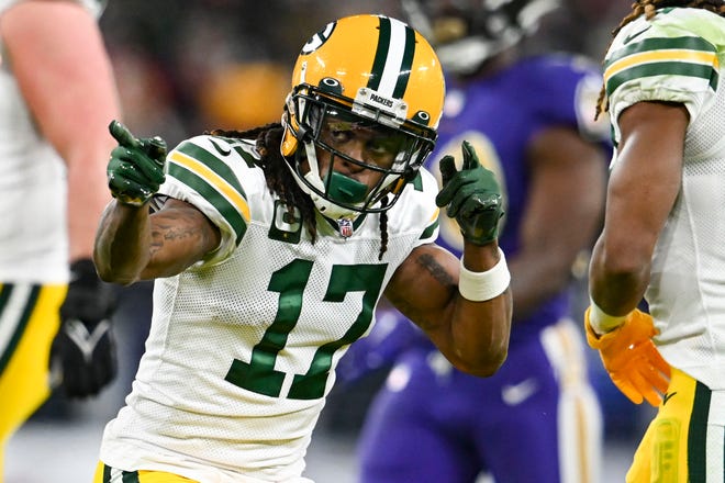Green Bay Packers wide receiver Davante Adams (17) reacts after making a first down during the second half against the Baltimore Ravens on Sunday, Dec. 19, 2021, at M&T Bank Stadium in Baltimore. Adams finished with six catches for 44 yards and a touchdown.