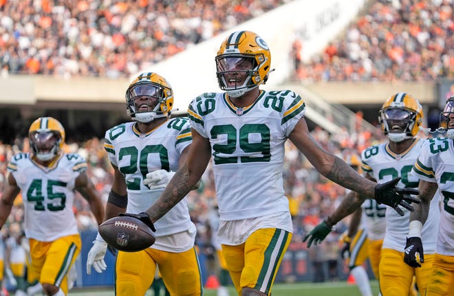 Green Bay Packers cornerback Rasul Douglas (29) celebrates a fumble recovery during second half of their game against the Chicago Bears on Sunday, Sept. 10, 2023 at Soldier Field in Chicago.