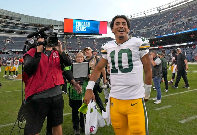 Green Bay Packers quarterback Jordan Love (10) is all smiles after their 38-20 win over the Chicago Bears on Sunday, Sept. 10, 2023 at Soldier Field in Chicago.